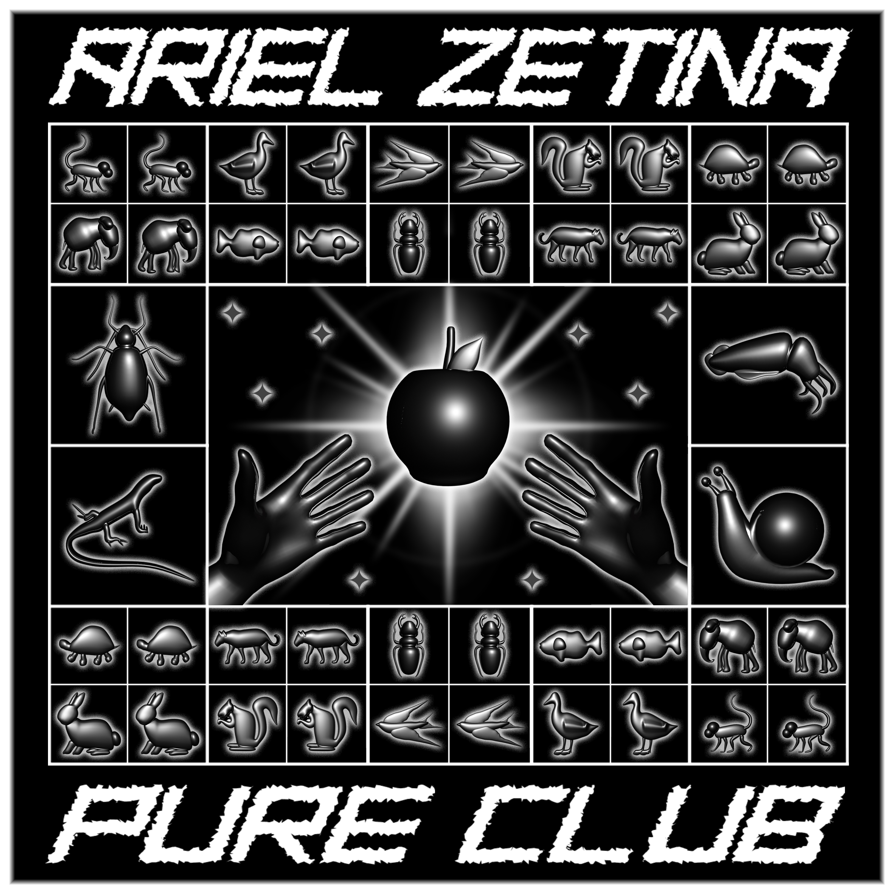 Pure Club graphic album cover with a chart of 3D rendered animals surrounding an image of hands reaching out towards a glowing apple